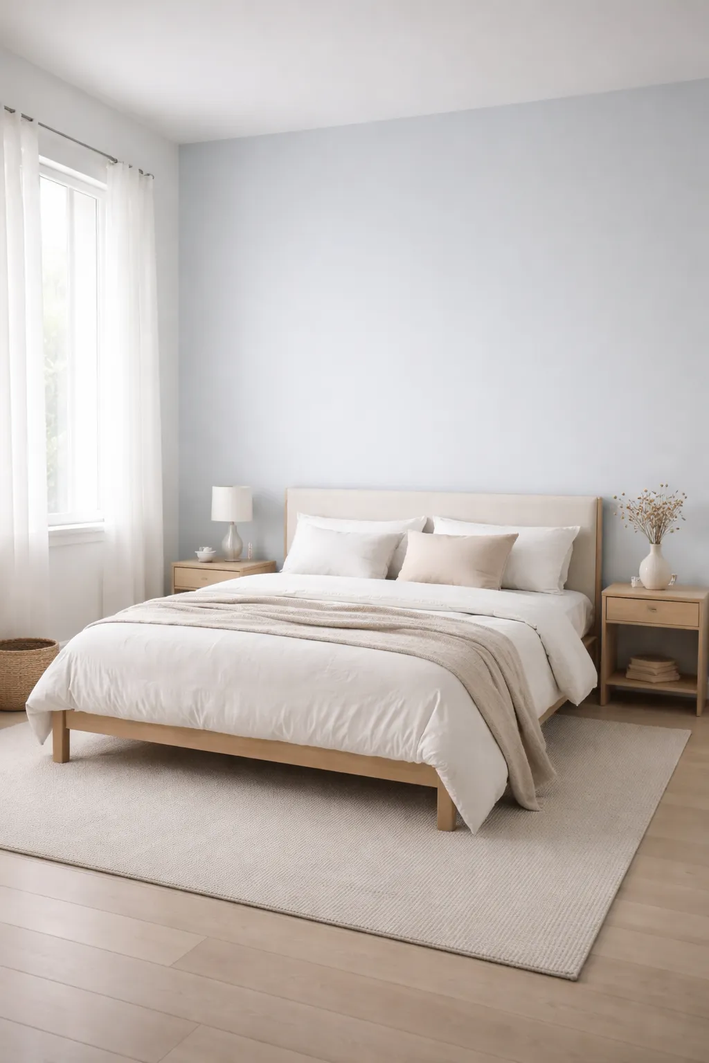 Minimalist blue bedroom with clean lines and calm atmosphere