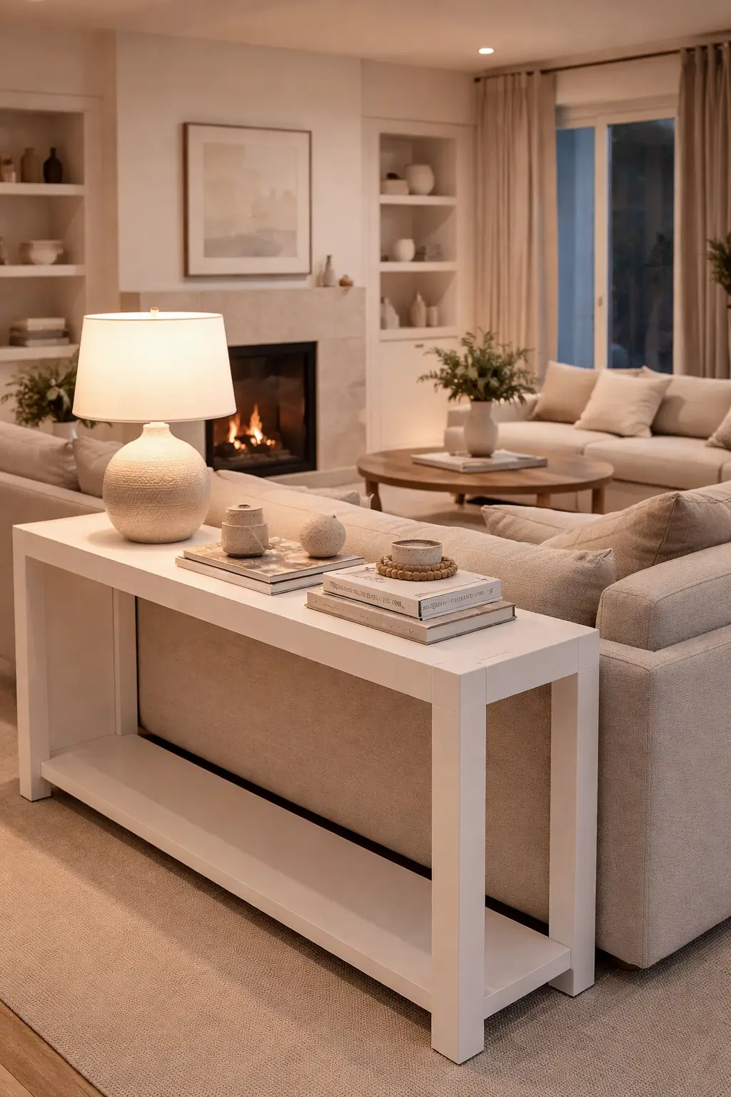 White console table styled in a living room