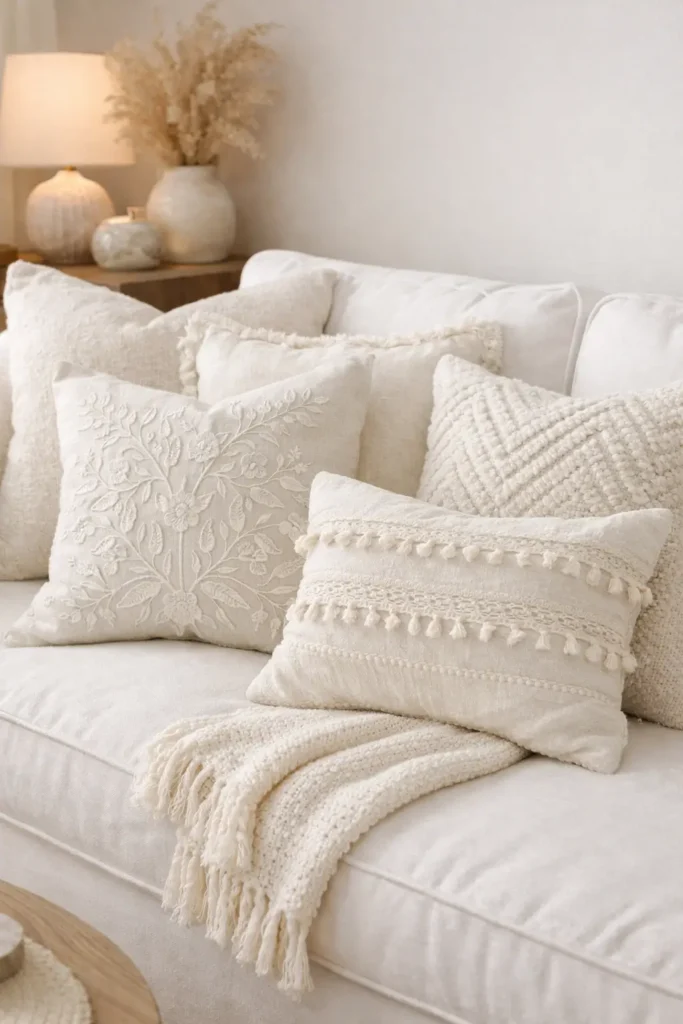 White throw pillows adding texture to a neutral sofa