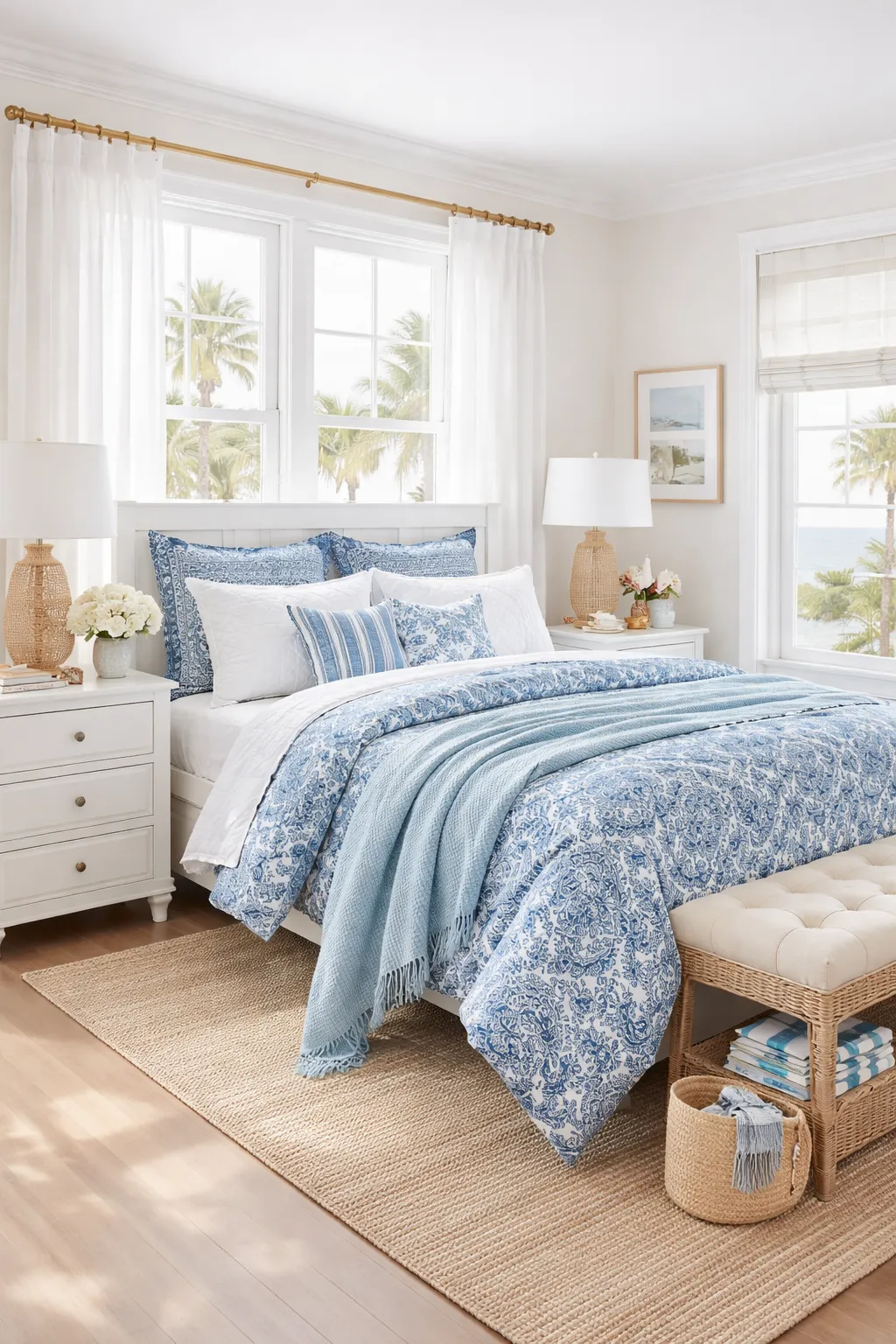 Fresh blue and white bedroom with clean furniture and airy decor