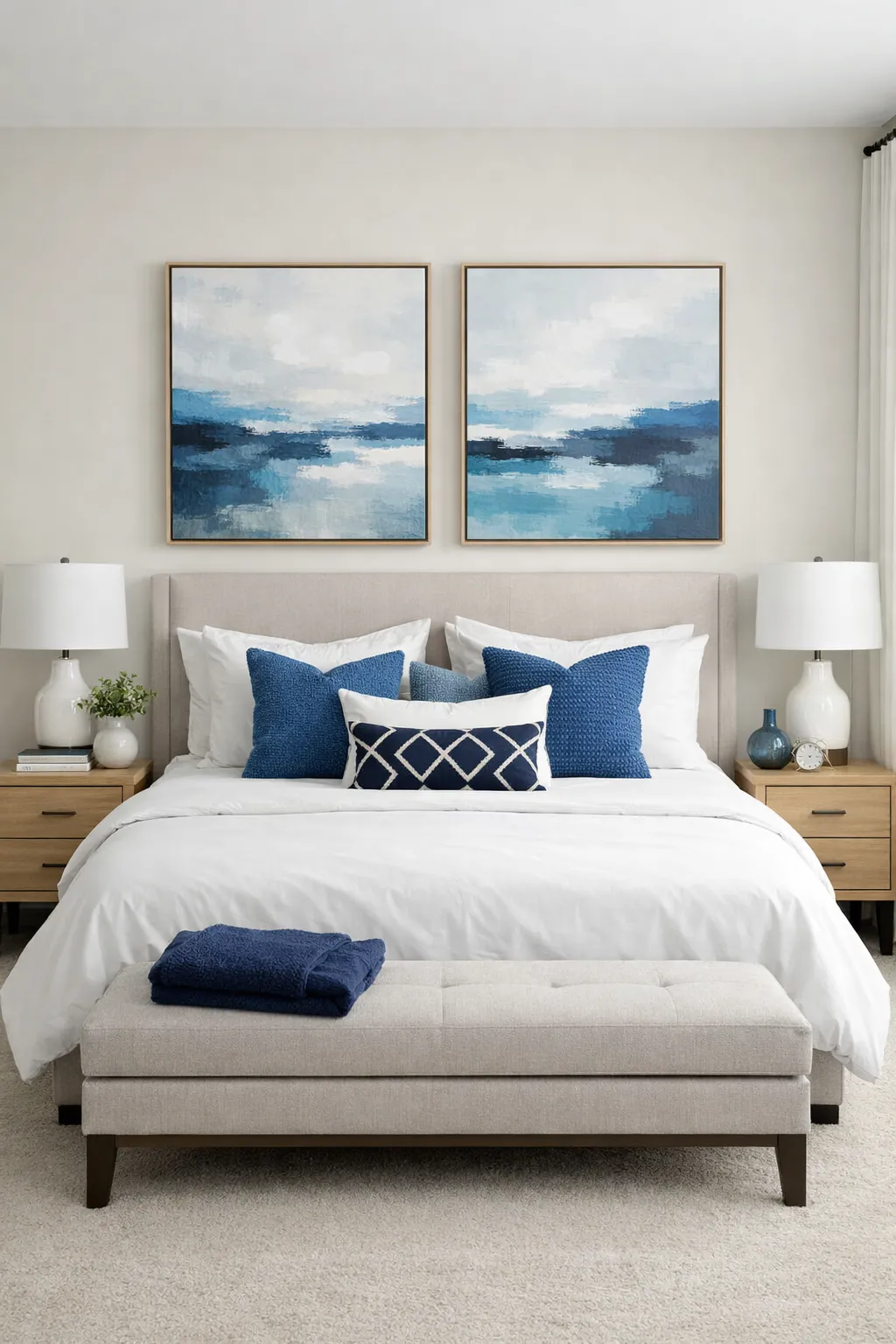 Blue accent decor adding subtle color to the bedroom