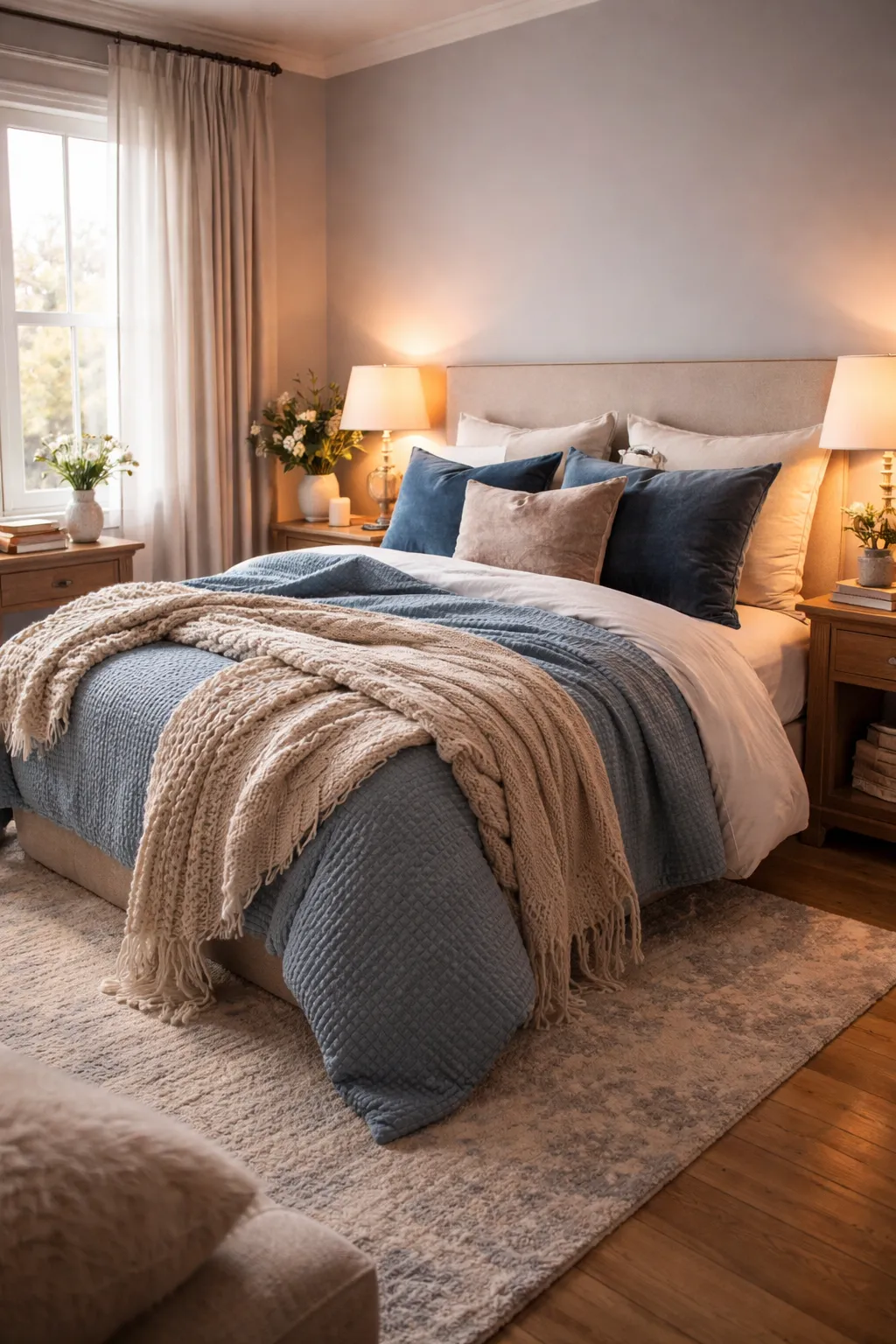 Blue bedroom with layered textiles creating a cozy atmosphere