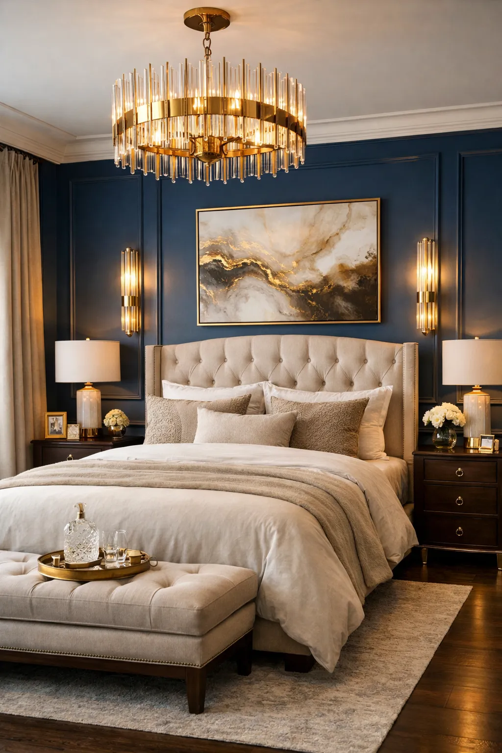 Blue bedroom with gold accents for an elegant and refined look