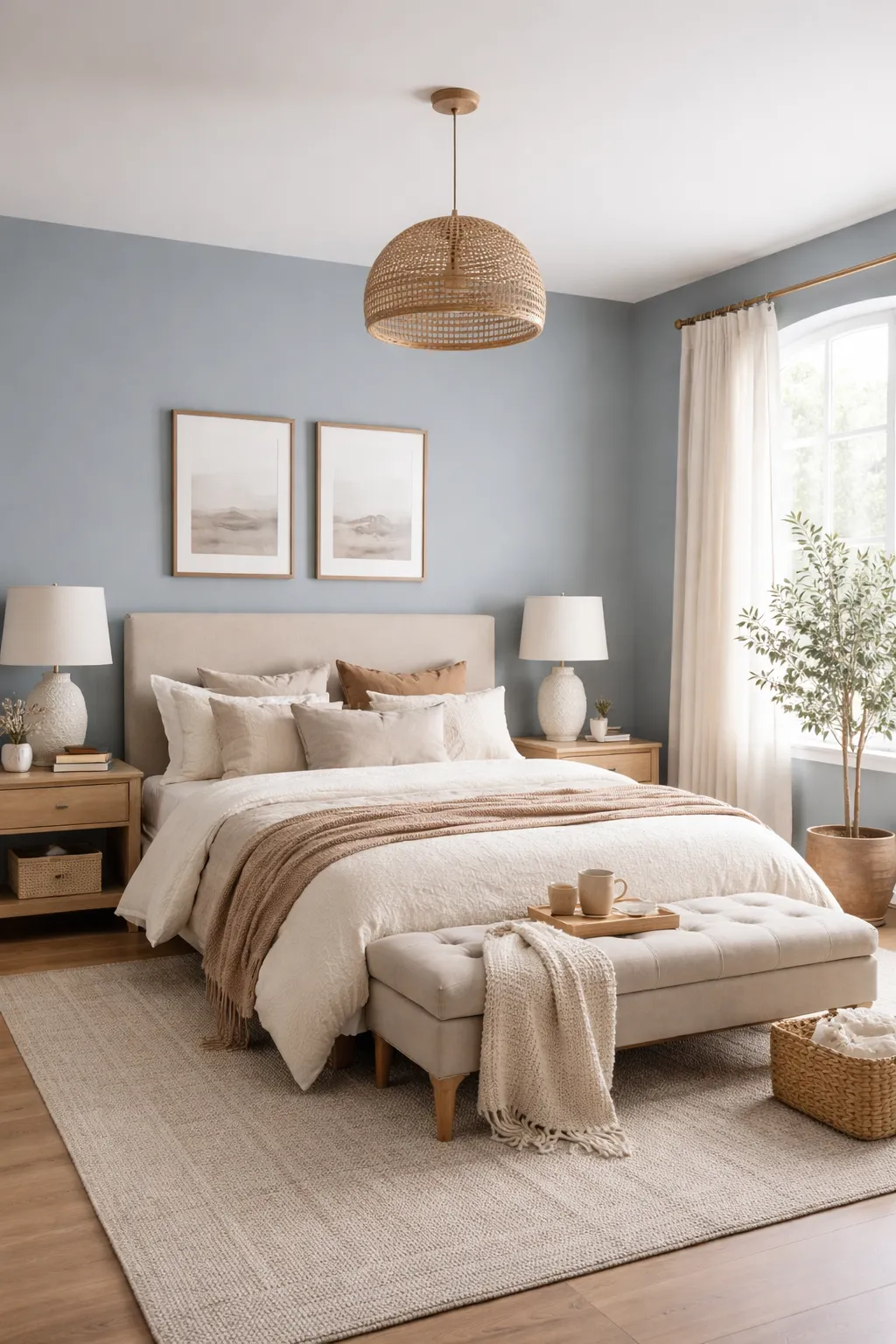 Blue bedroom layered with neutral tones for a soft balanced look