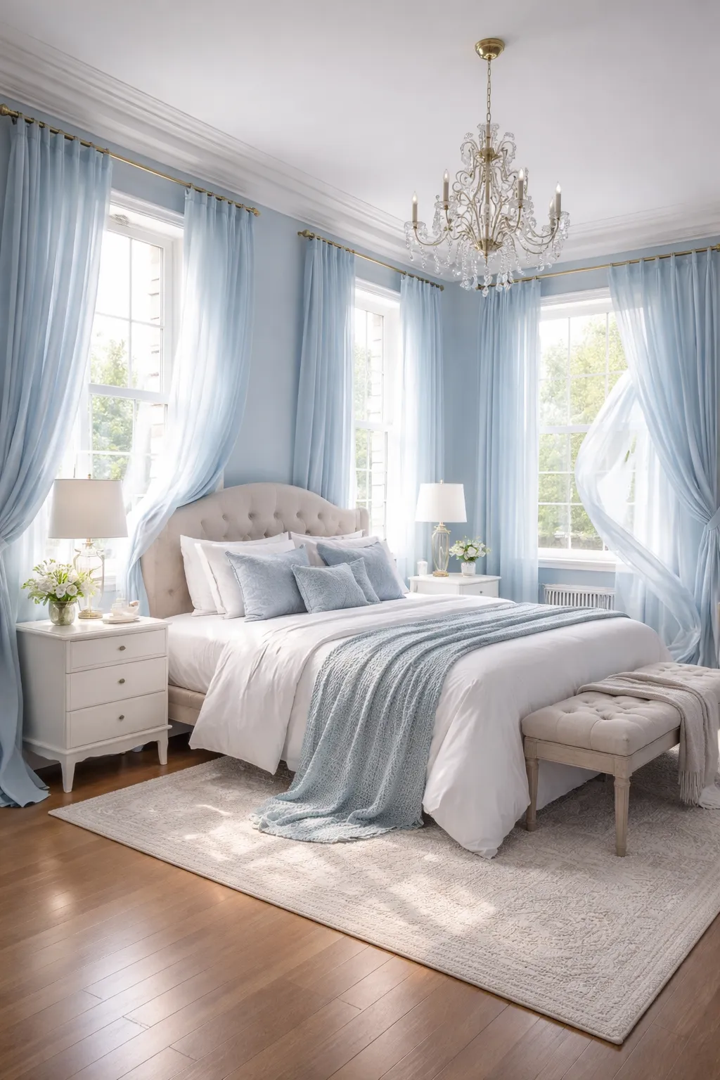 Blue bedroom with soft curtains and natural light