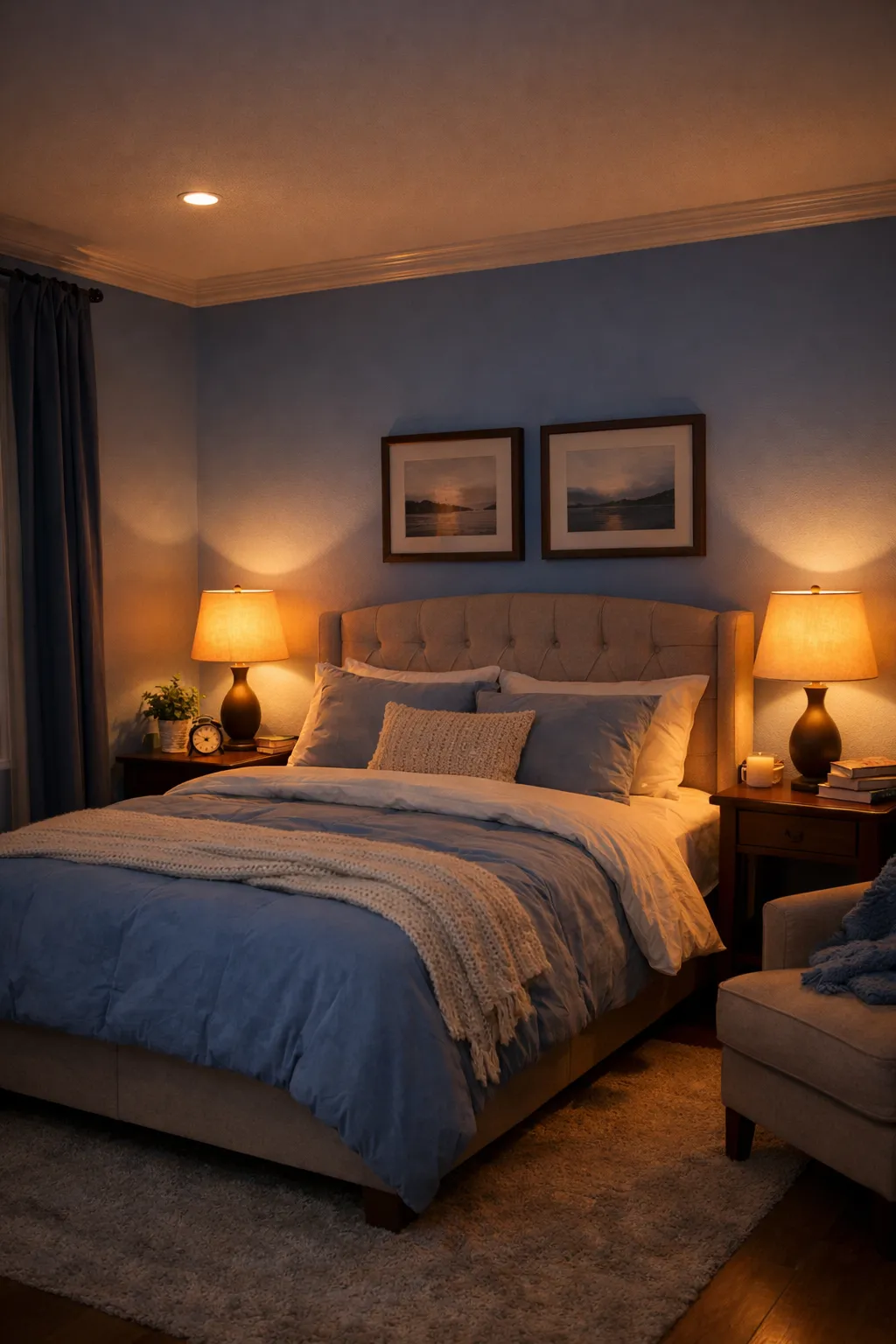 Blue bedroom enhanced with soft warm lighting