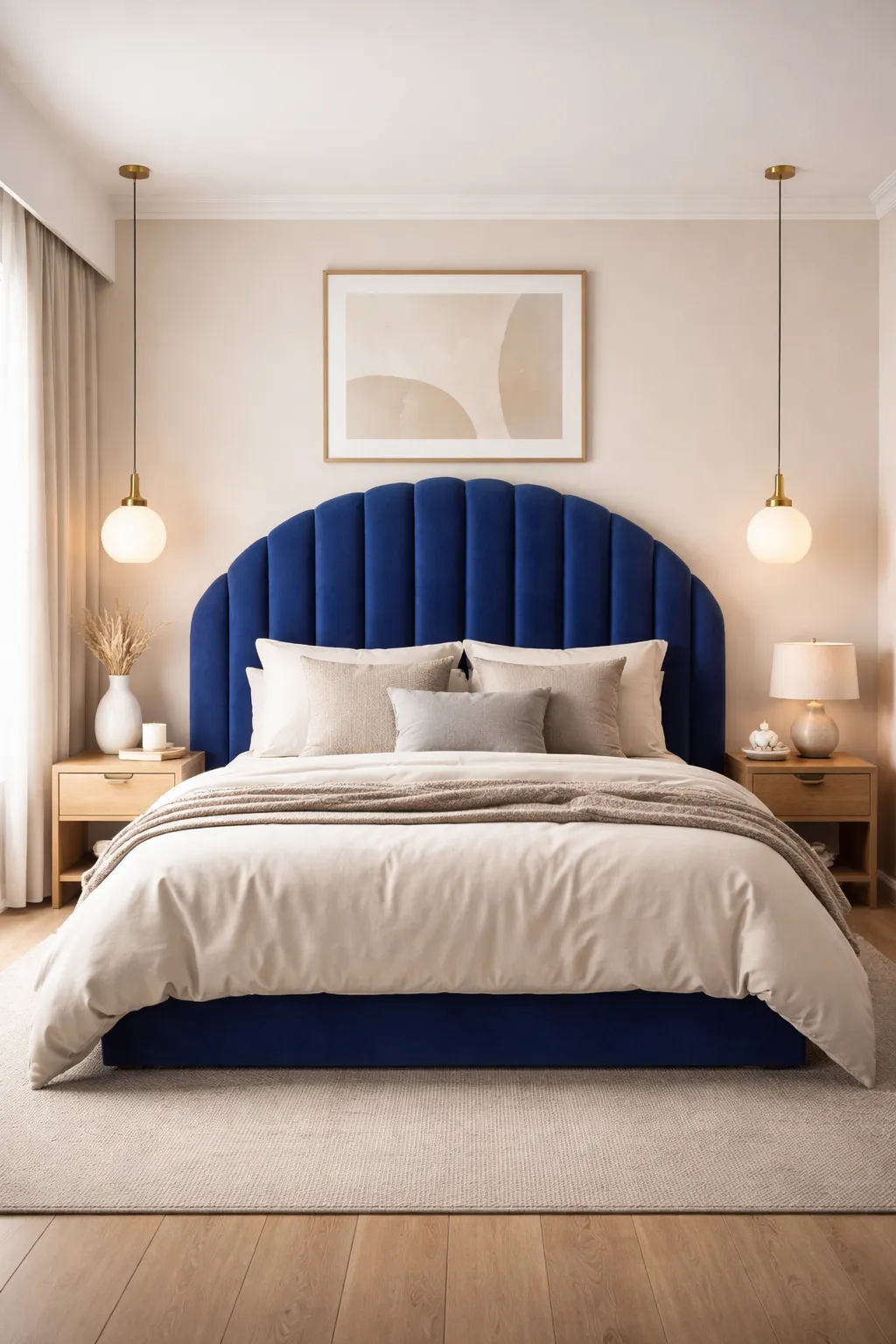 Blue bedroom with a statement upholstered headboard