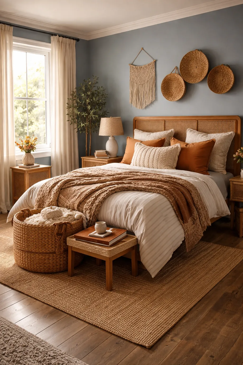 Blue bedroom balanced with warm accessories