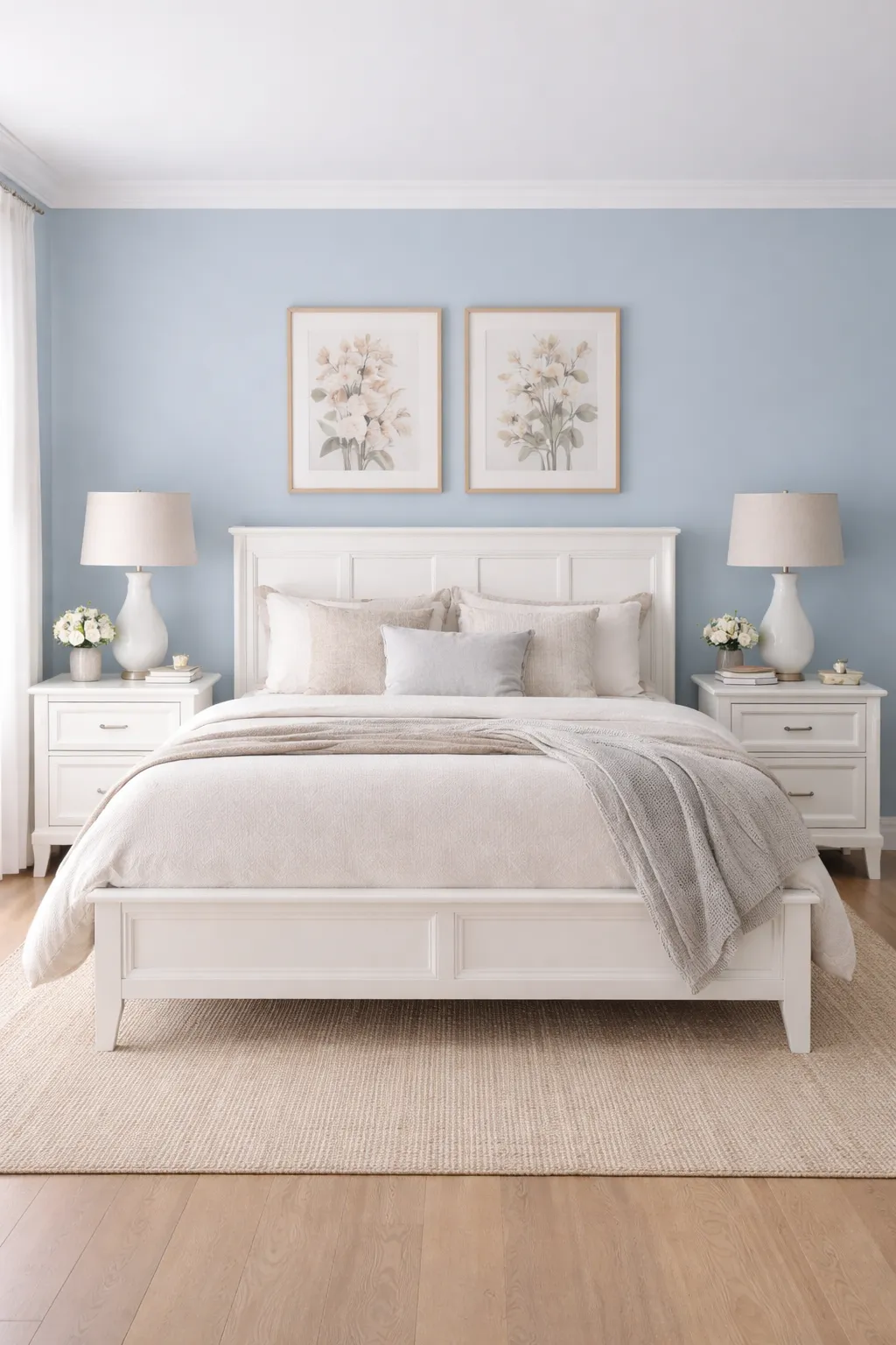 Blue bedroom with white furniture creating a bright balanced space