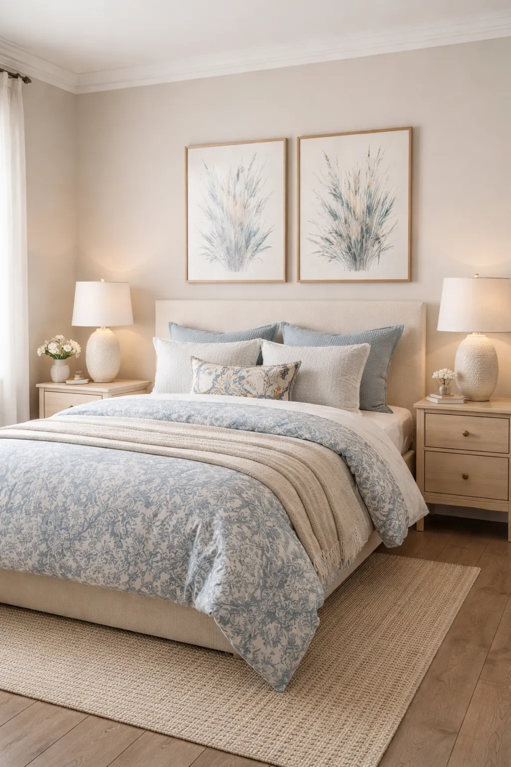 Blue patterned bedding adding character to a neutral bedroom