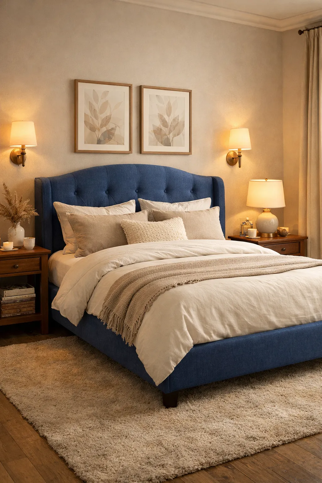 Blue upholstered bed creating a cozy focal point