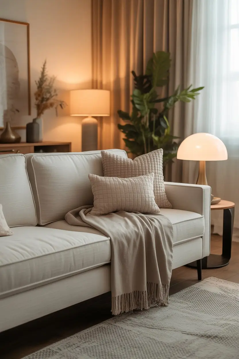 Cozy white sofa styled with neutral cushions and soft textures