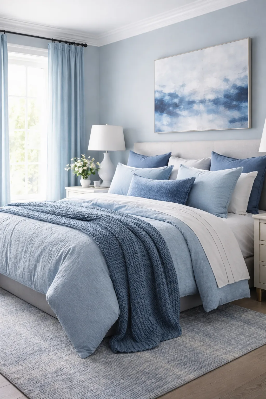 Layered blue bedroom using multiple shades for depth