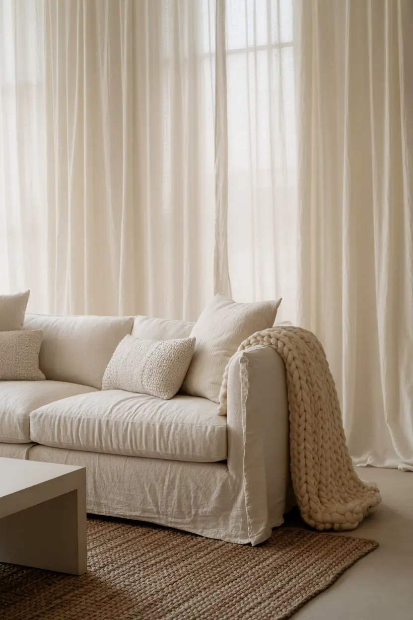 White living room with layered textures for warmth and depth