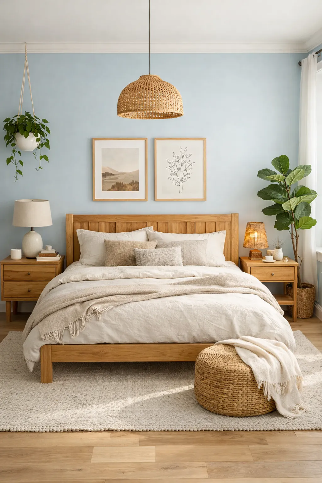 Light blue bedroom with natural wood furniture and warm minimal style