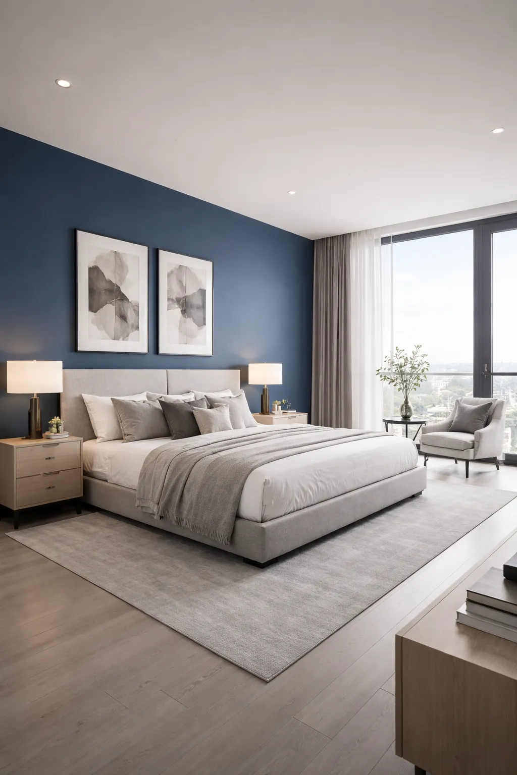Modern blue bedroom with clean contemporary styling