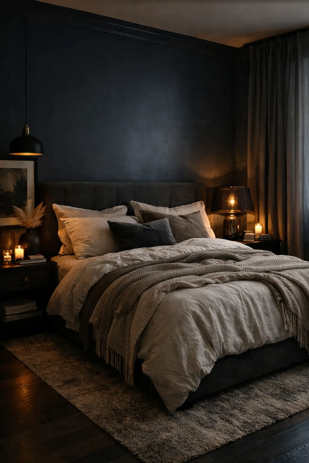 Moody dark blue bedroom with cozy textures and soft lighting