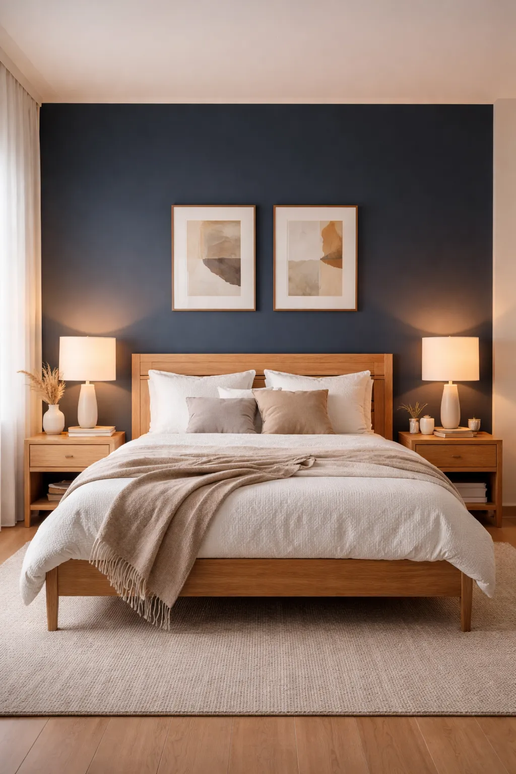 Navy blue accent wall bedroom with neutral bedding and warm lighting