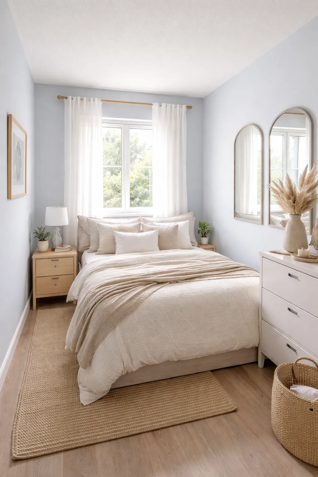 Small blue bedroom designed to feel bright and open