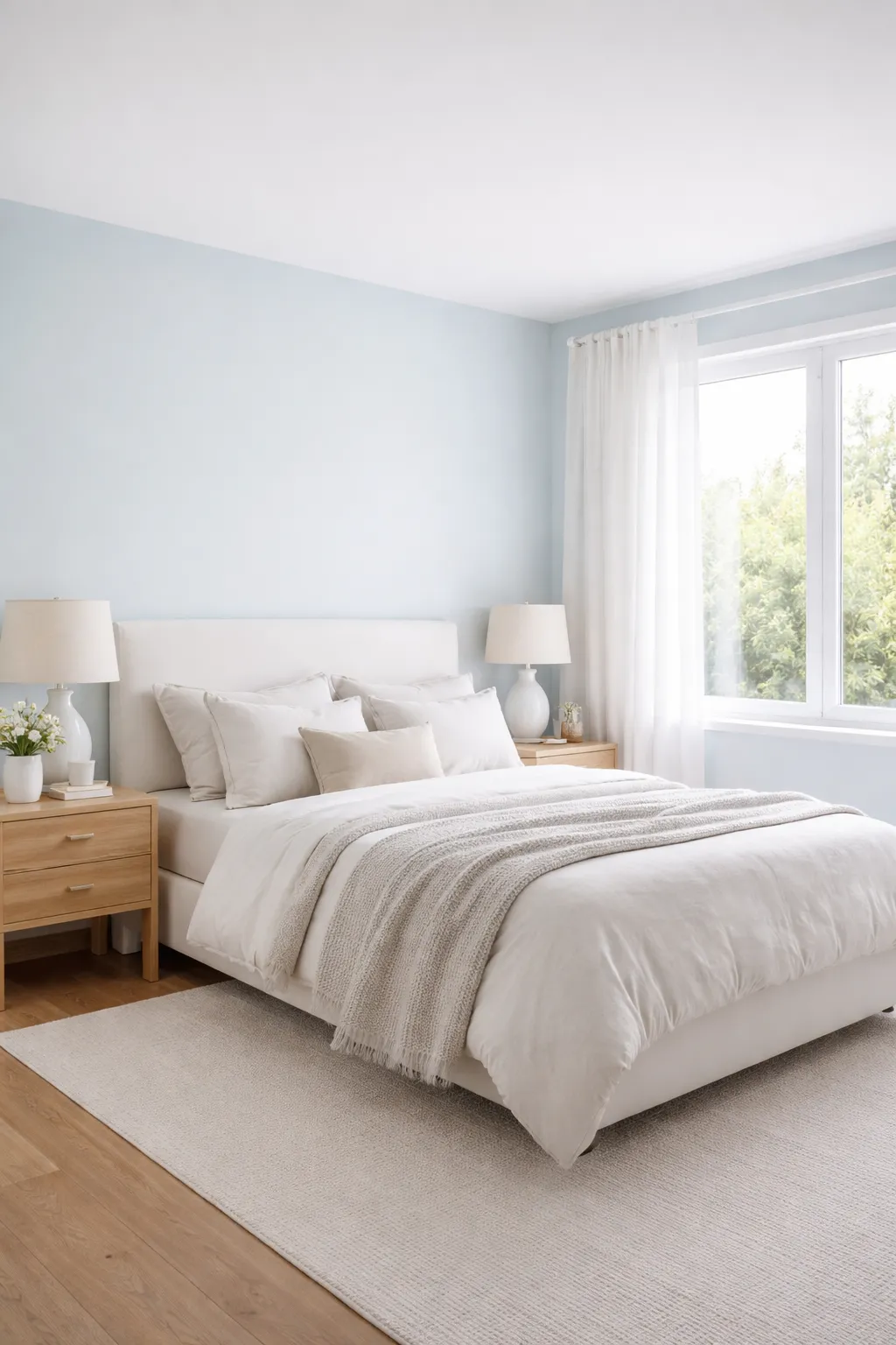 Soft sky blue bedroom with white bed and natural light creating a calm atmosphere