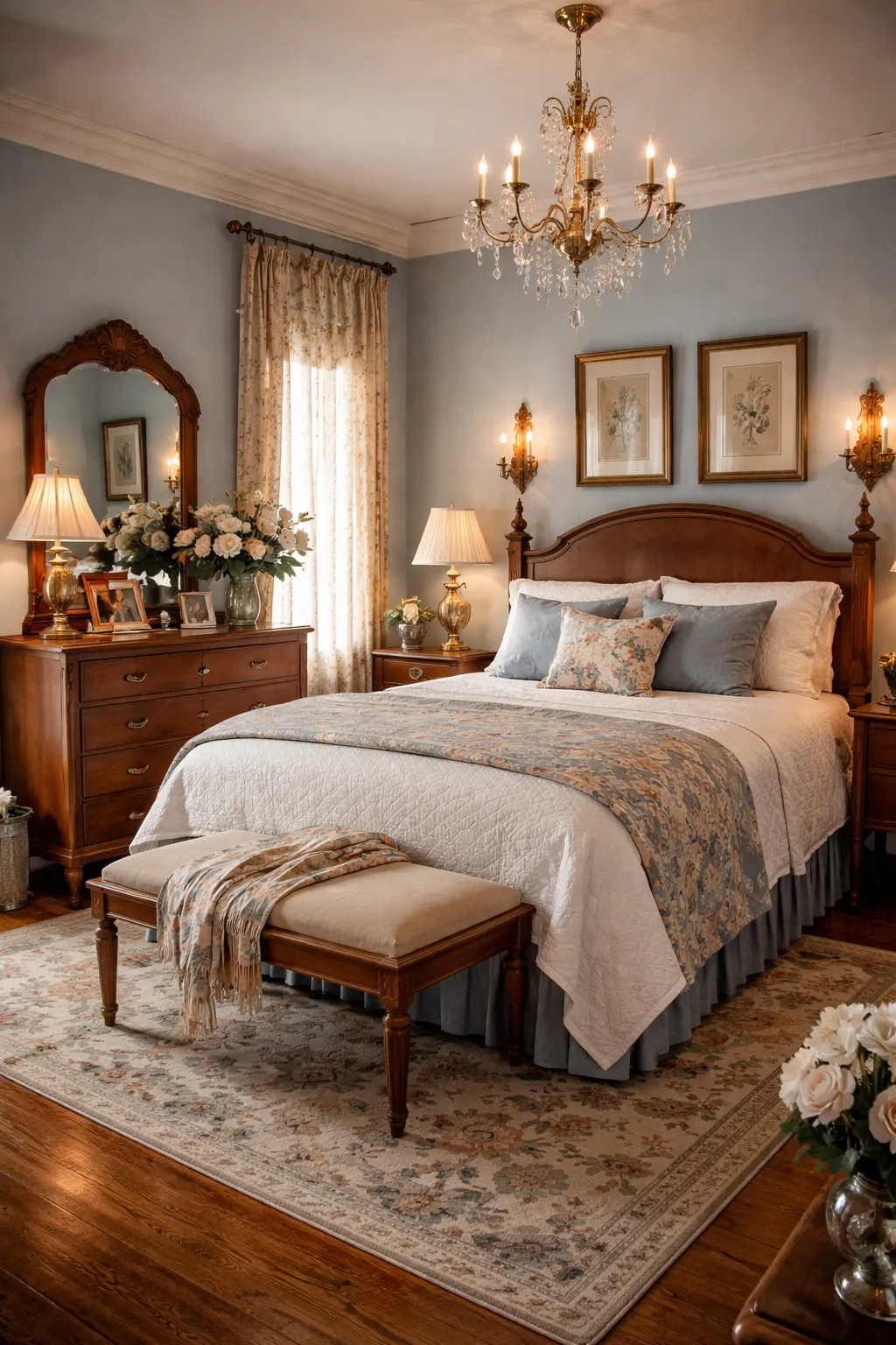 Vintage blue bedroom with classic furniture and charm