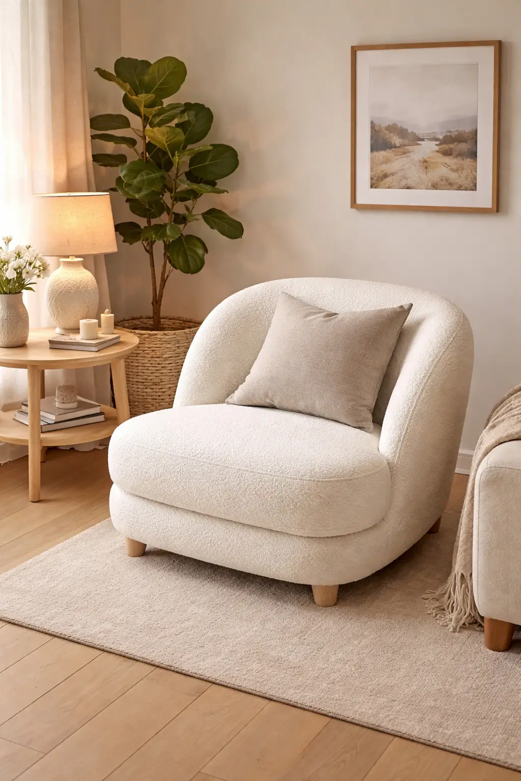 White accent chair adding comfort to a neutral living room
