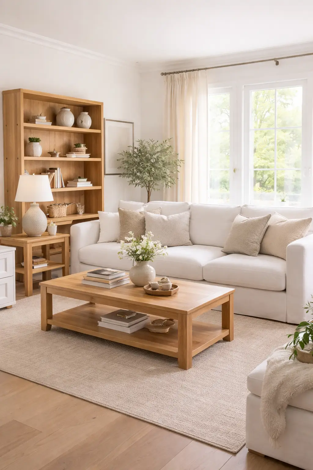 White and wood living room with warm natural tones
