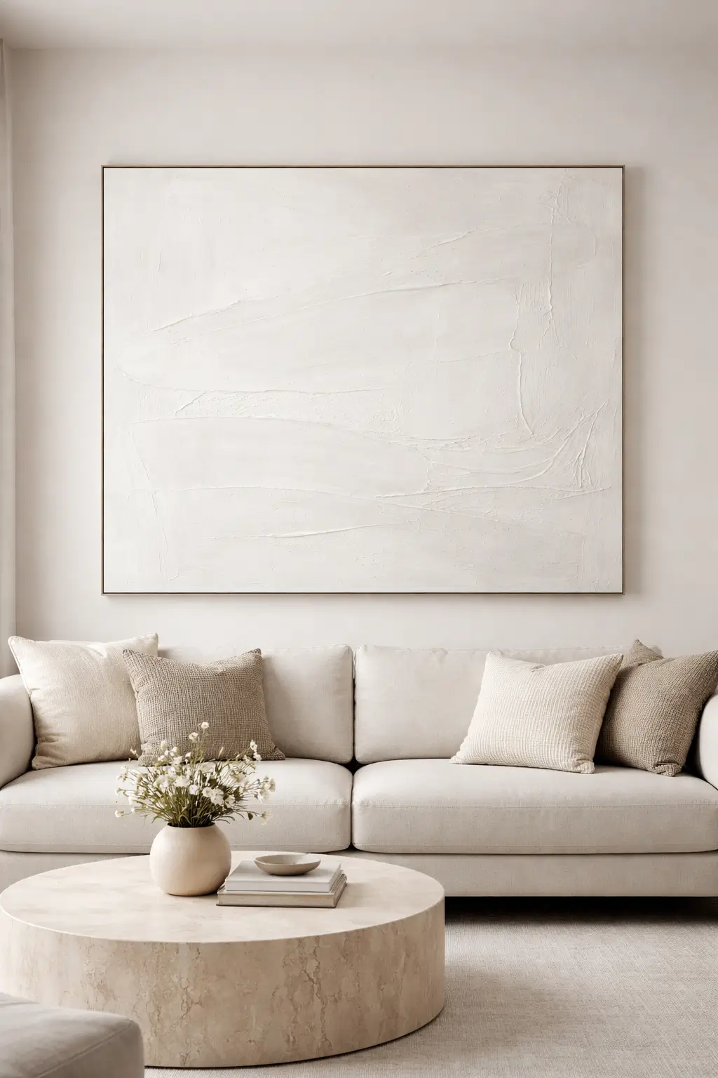 White artwork creating a calm and elegant living room