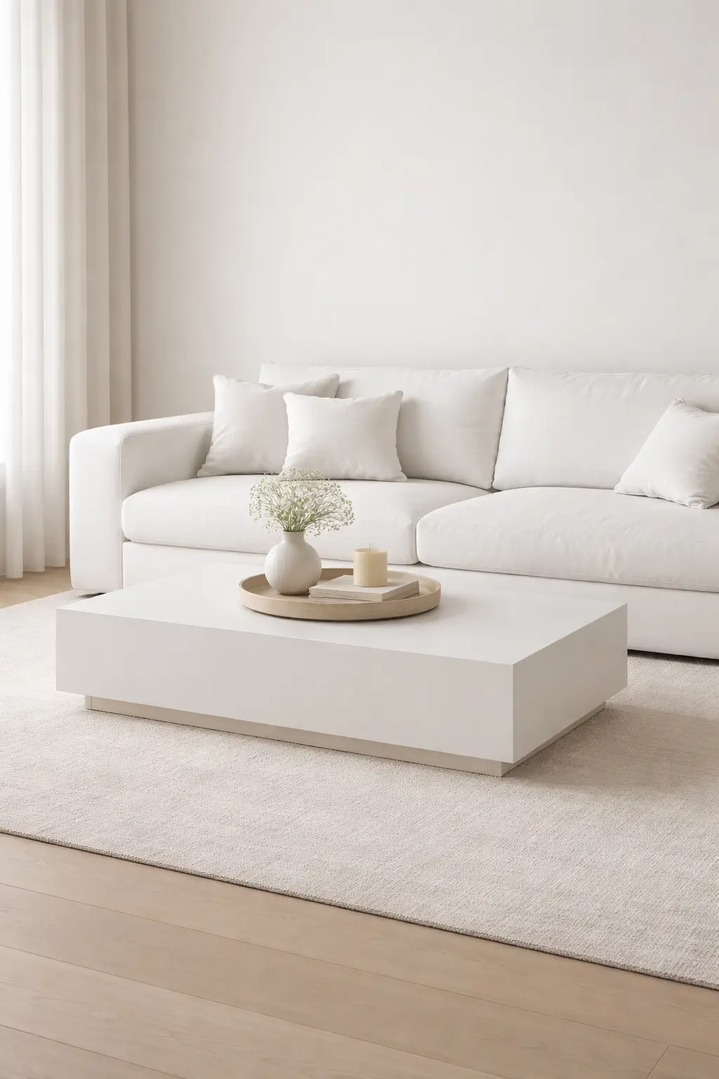 White coffee table styled in a minimalist living room