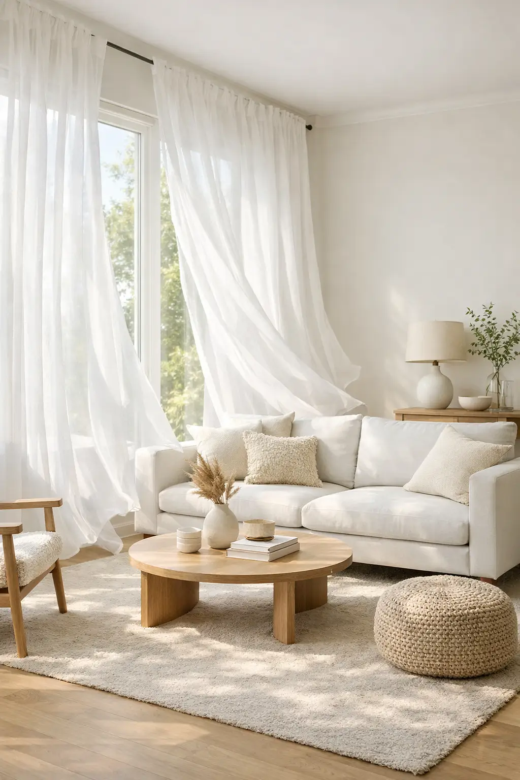 White curtains softening natural light in a living room