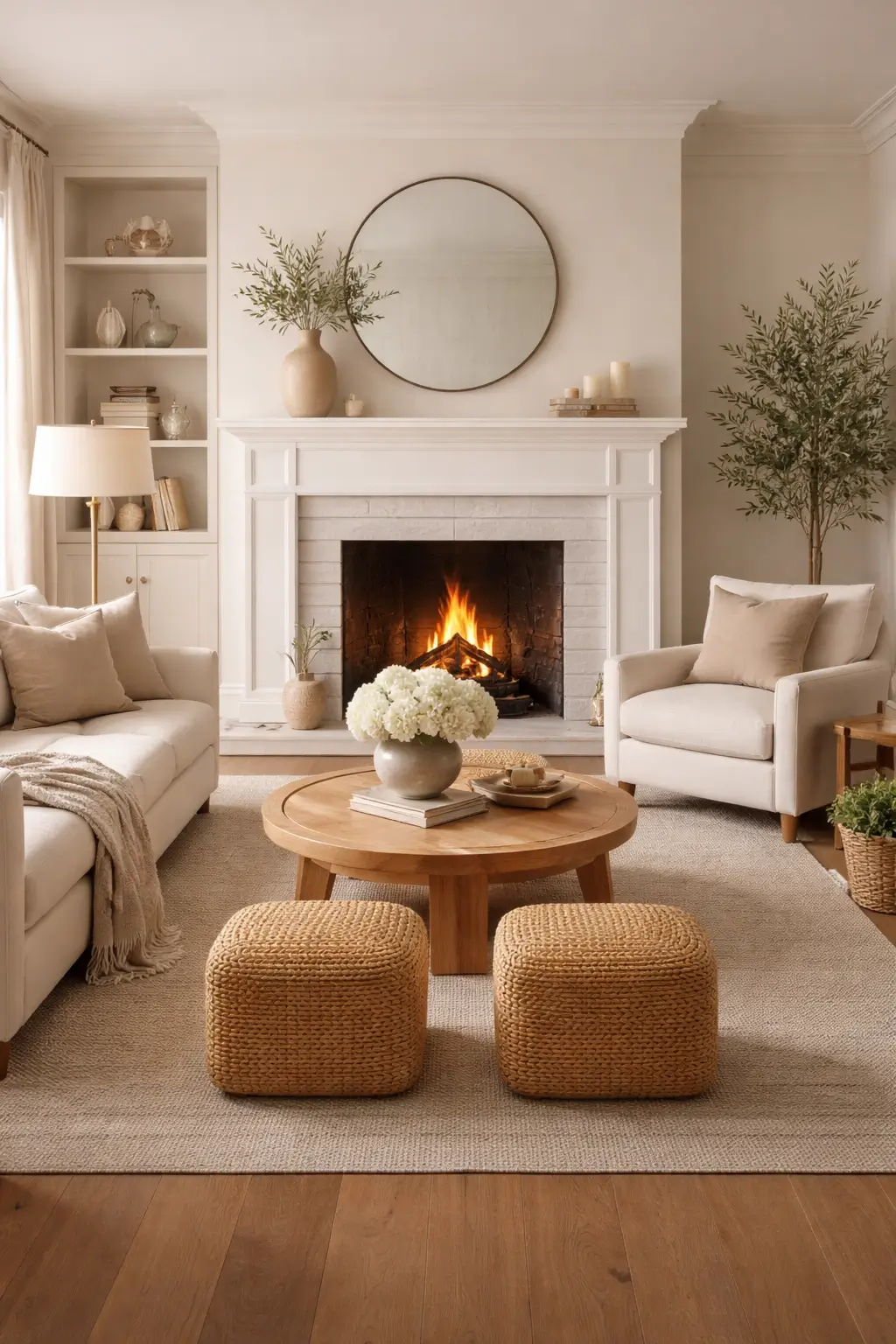 White fireplace as a focal point in a living room