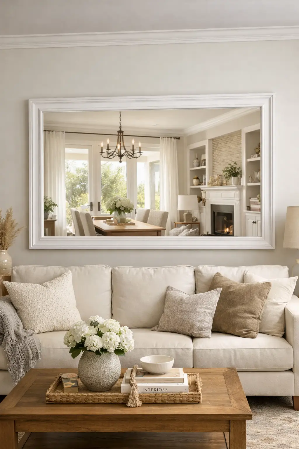 White mirror reflecting light in a living room
