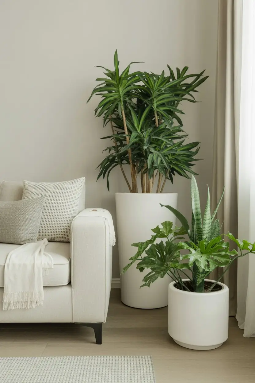 White planters with indoor plants in a living room