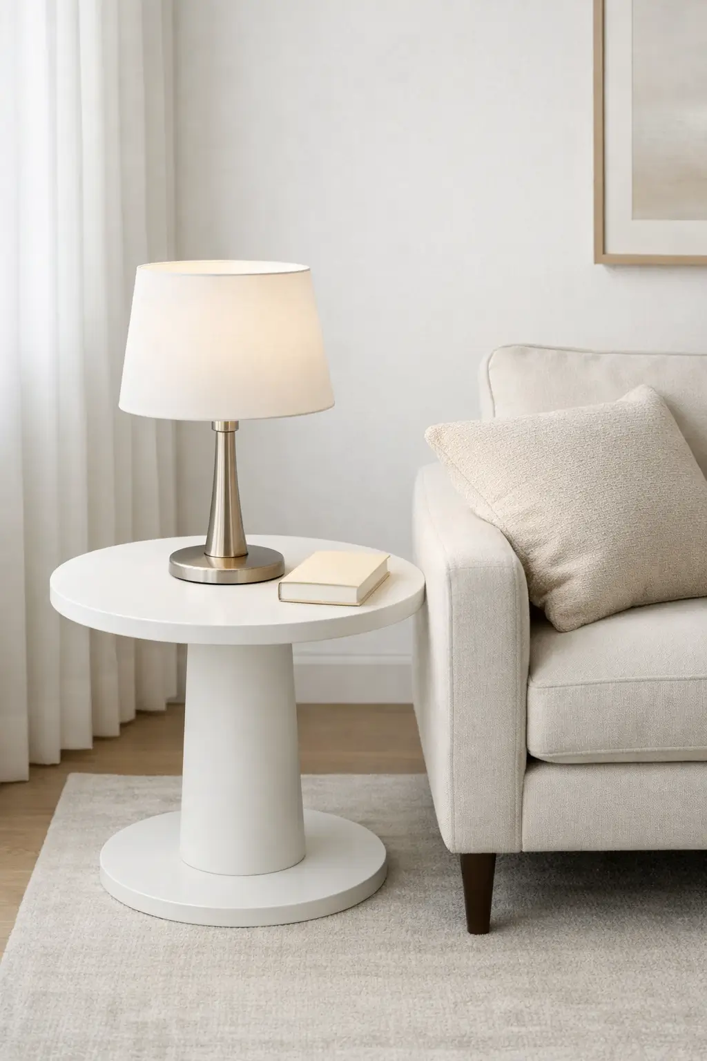 White side table styled beside a sofa