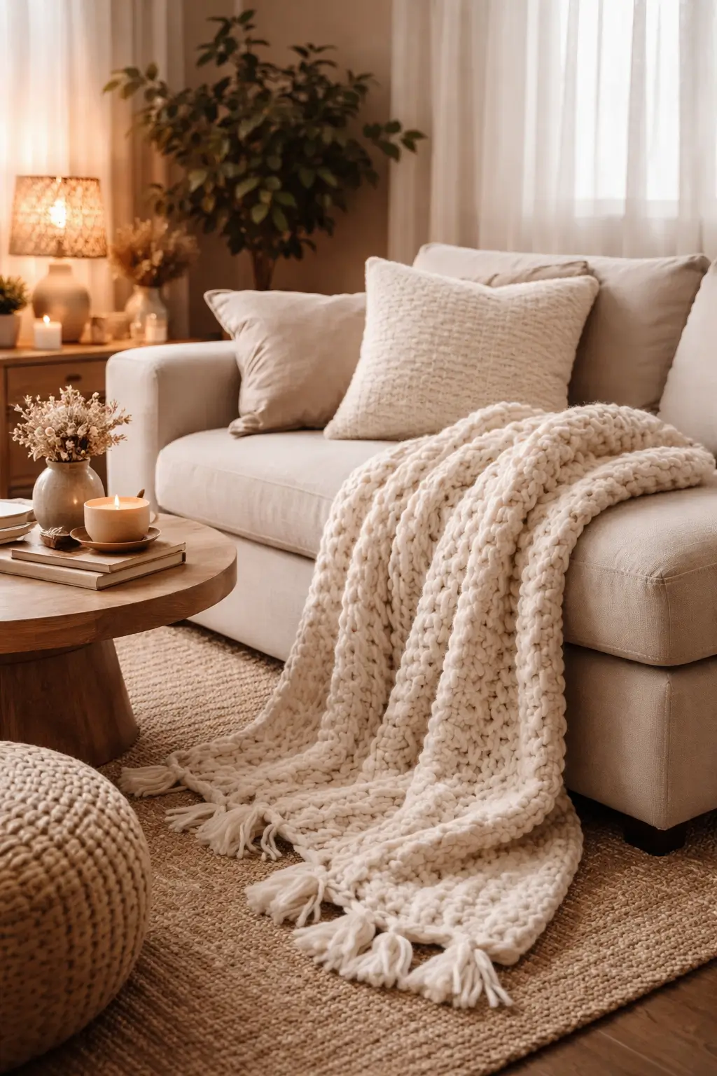 White throw blanket adding warmth to a living room
