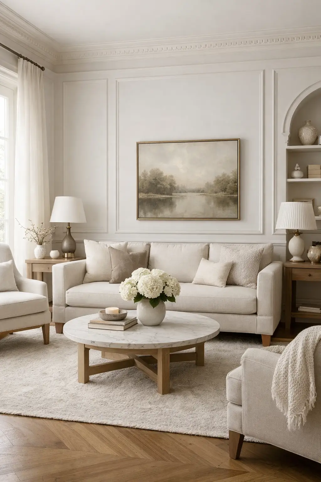 White wall paneling adding texture to a living room