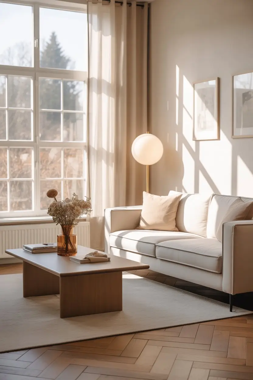 White living room with clean white walls, neutral furniture, and natural light