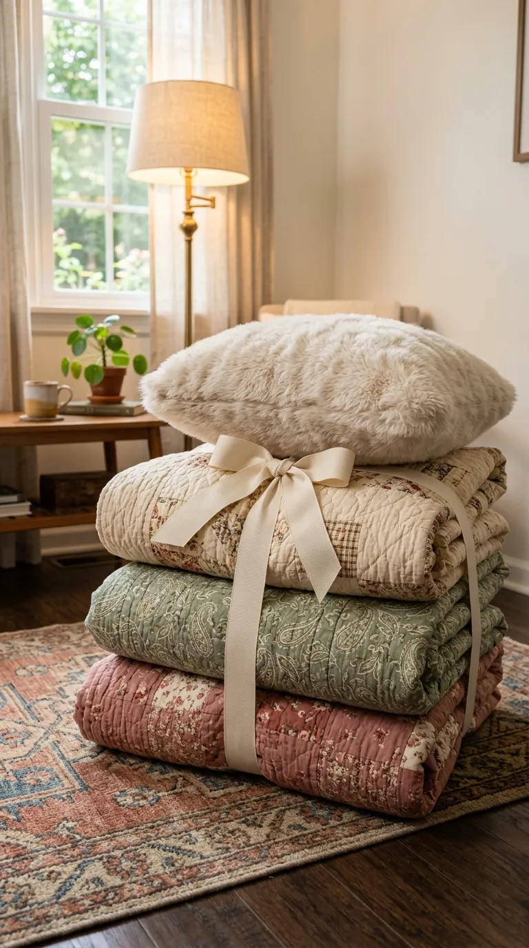12 Image 12 Three Stacked Folded Quilts In Dusty Rose