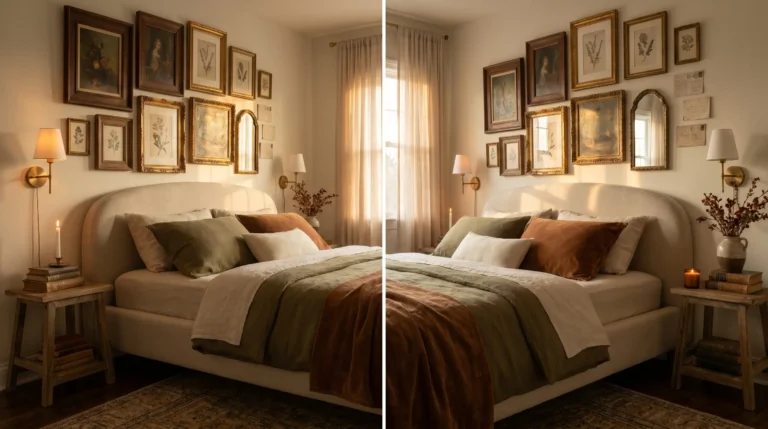 20 Vintage Gallery Wall Bedroom Ideas With Thick Frames That Feel Warm and Curated
